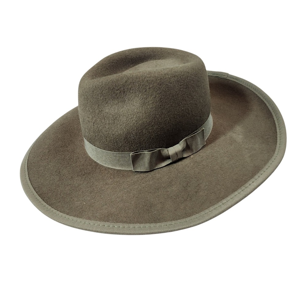 World Market Fedora Hat Unisex 22in Olive Green 100% Wool Wide Brim Outback
